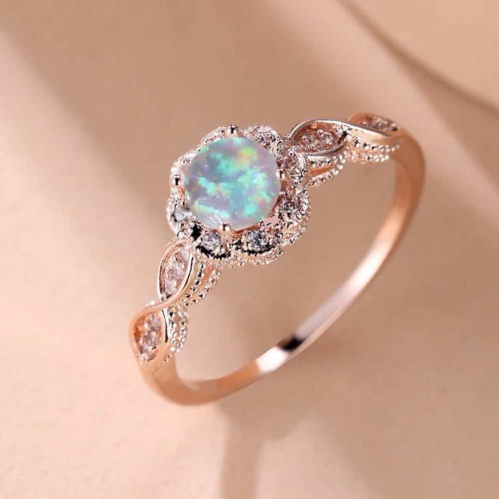Rose Gold Round Opal Halo Twist Ring
